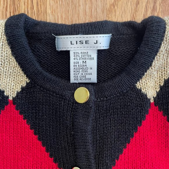 LISE J. Vintage Harlequin Argyle Button Down Cardigan Black Red Gold Size Med - Picture 2 of 7